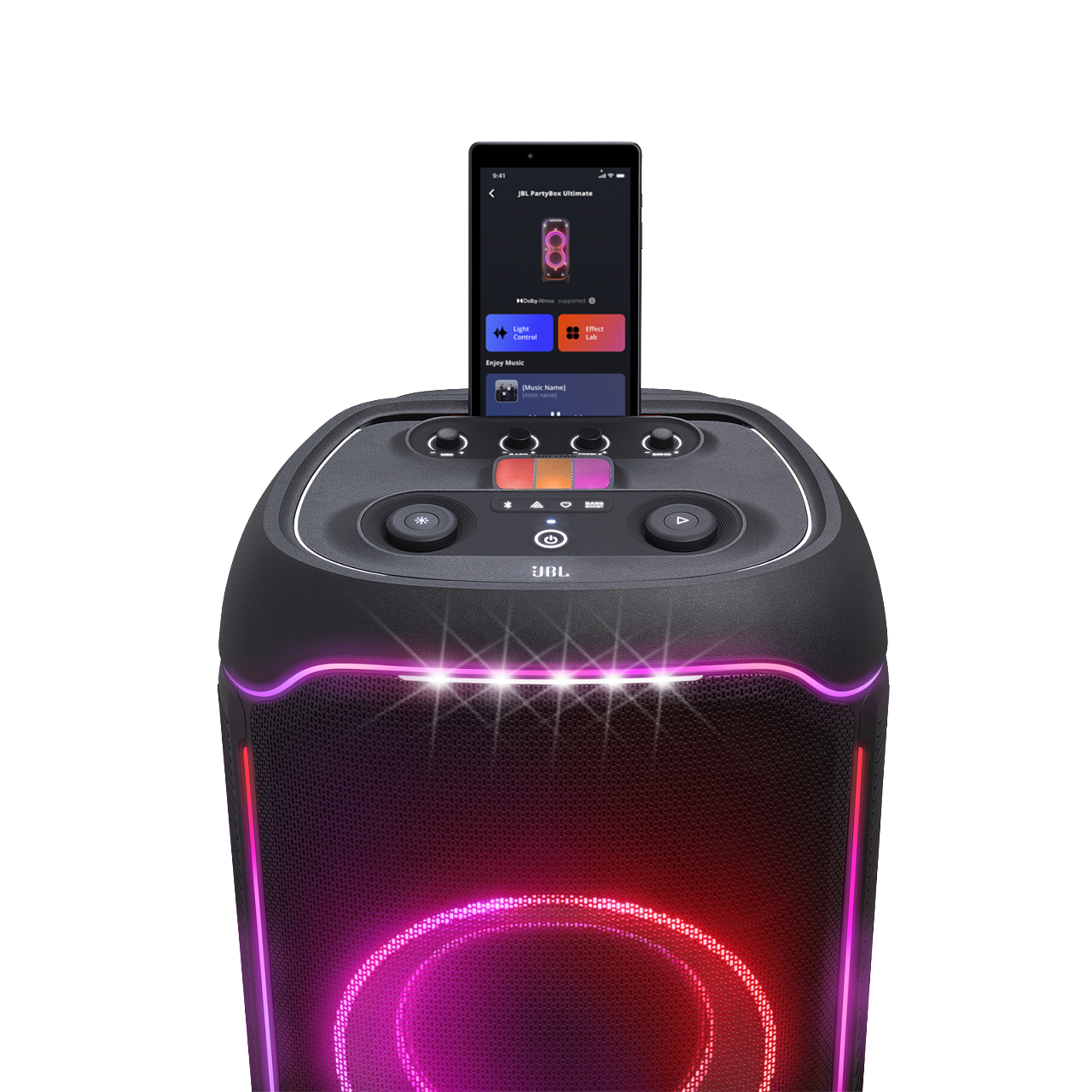 Ein JBL PartyBox Ultimate-Lautsprecher mit einem Smartphone, das seine App anzeigt. Es hat bunte Lichter und Steuertasten.