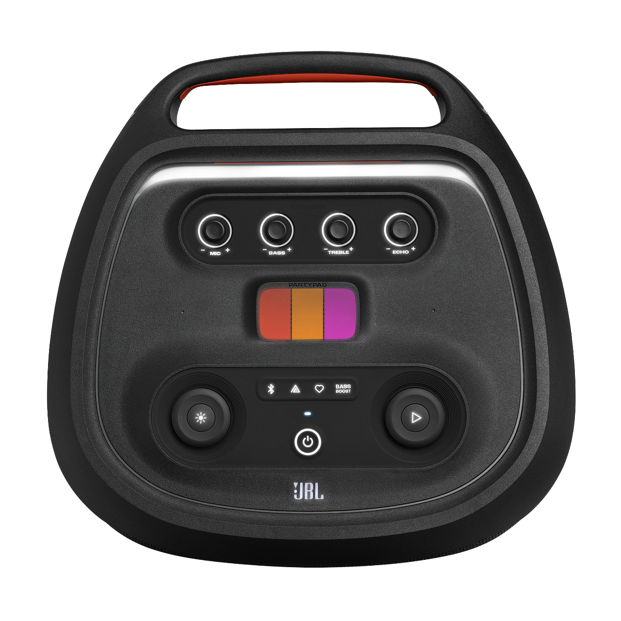 Schwarzer JBL PartyBox-Lautsprecher mit orangefarbenem Griff, Reglern für Mikrofon, Bass, Höhen und Echo. PartyPad leuchtet. Power- und Bass-Boost-Tasten.