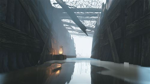 Túnel de madera oscura con agua. Una linterna está a la izquierda. La luz brilla al final.