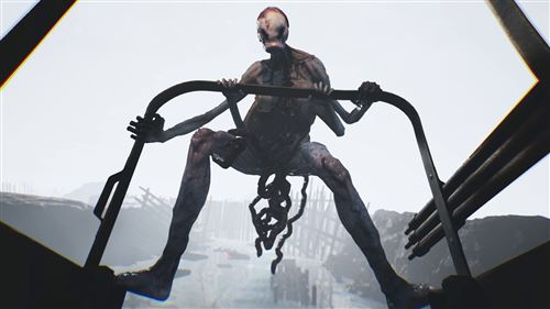 Figura en entorno oscuro, sujetando estructura metálica. Ambiente sombrío.