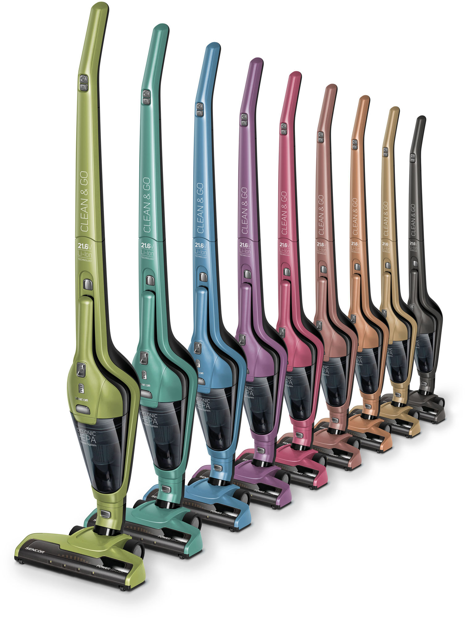 Kilenc pálcás porszívó különböző színekben, szögből. Mindegyiken látható a 'Clean & Go' felirat.