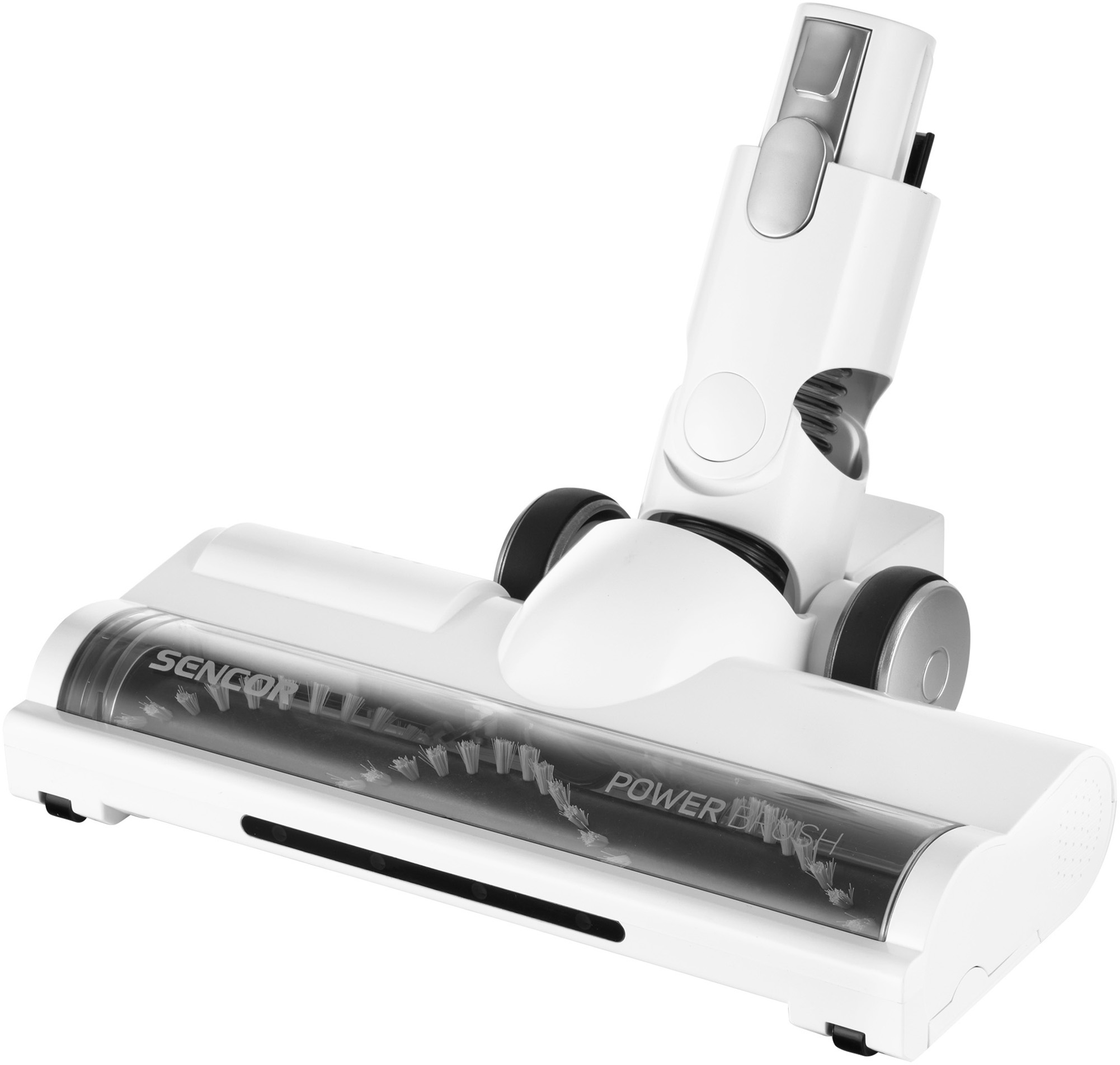 Fehér porszívófej, 'SENCOR POWER BRUSH' felirattal és két kis fekete kerékkel.