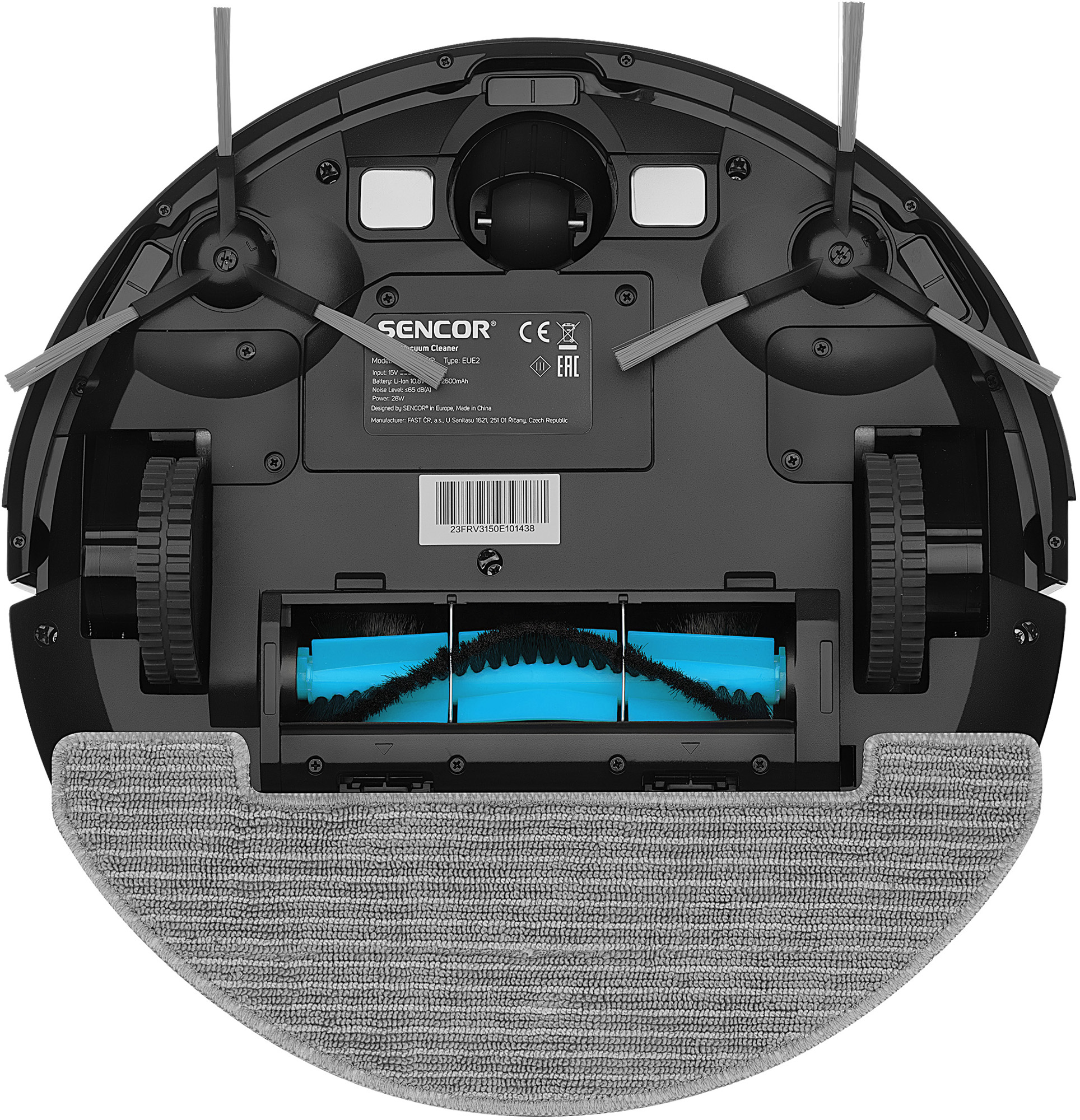 Fekete robot porszívó, kefékkel, kerekekkel és portartó nyílással.