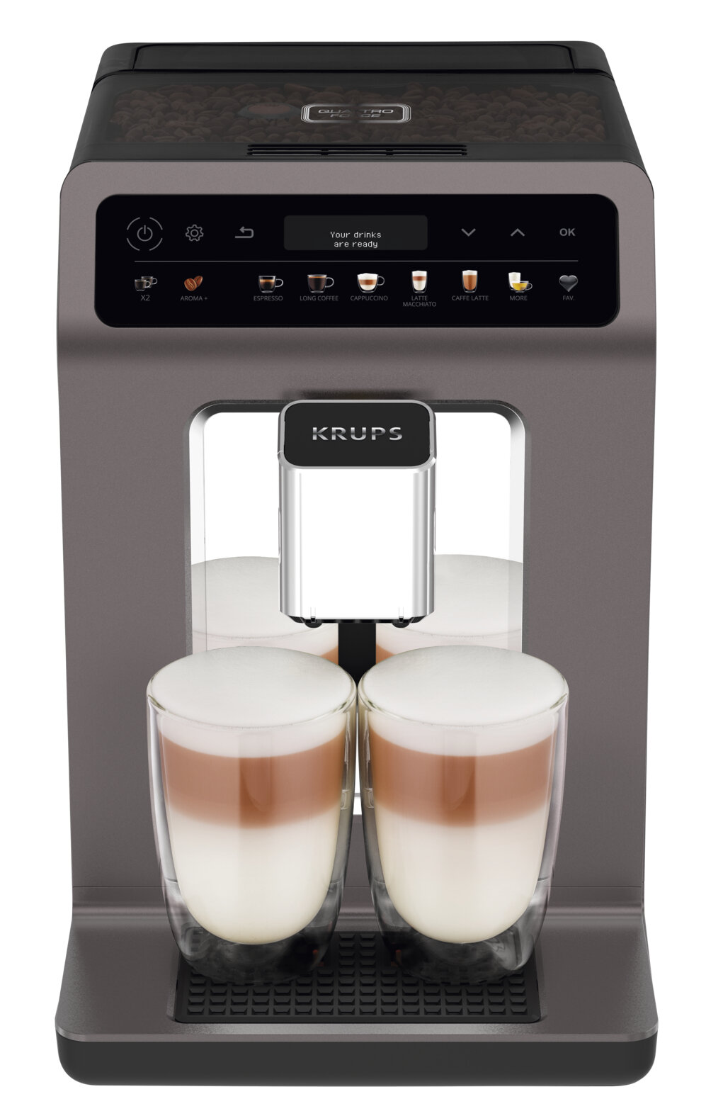 Ekspres do kawy Krups, szary, z dwoma szklankami latte i panelem.