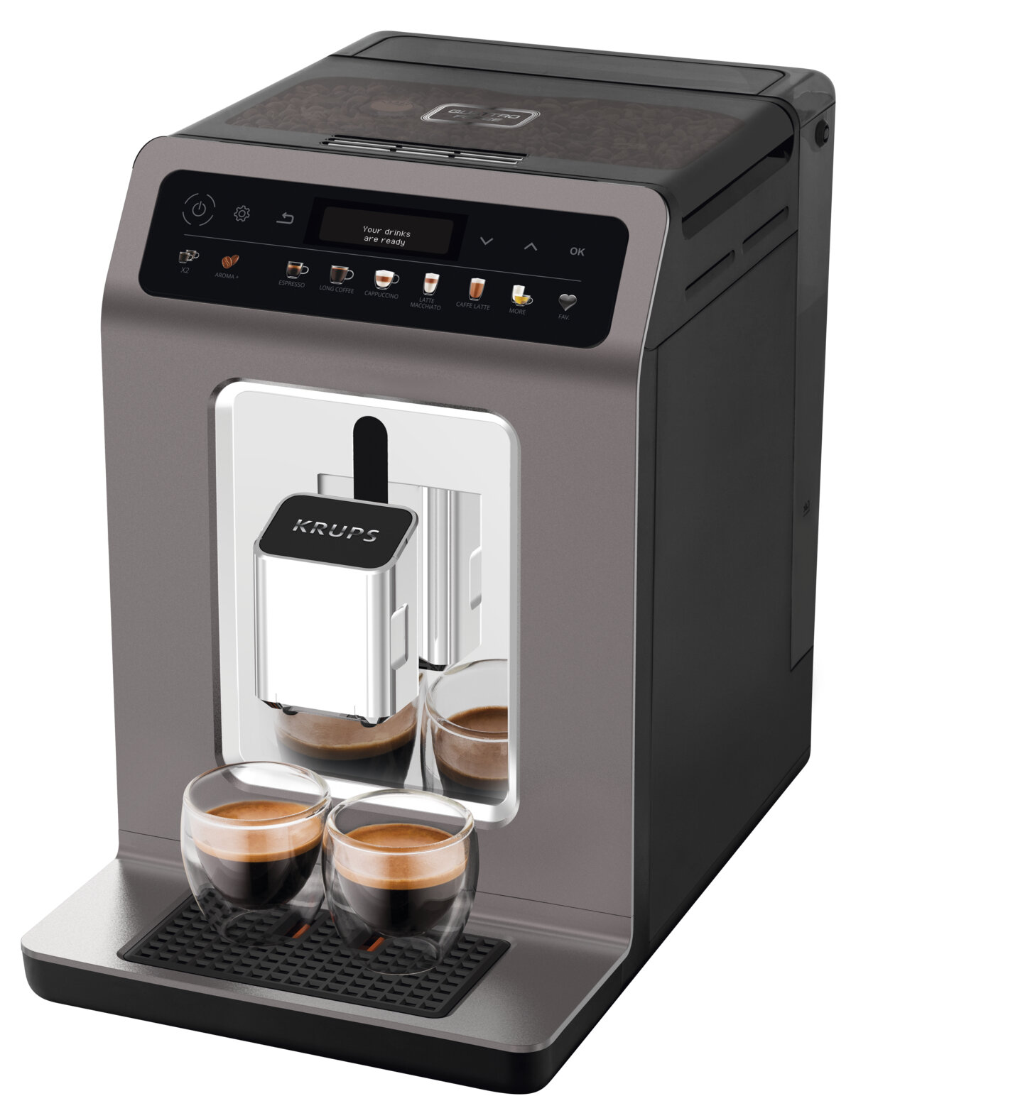 Ekspres do kawy z filiżankami espresso. Szary i czarny. Dwie filiżanki.