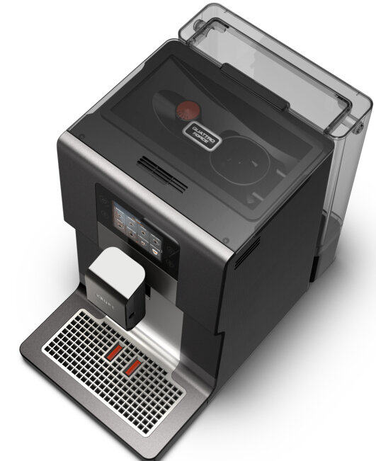 Czarny i srebrny ekspres do kawy Krups. Ma przezroczysty pojemnik na wodę.