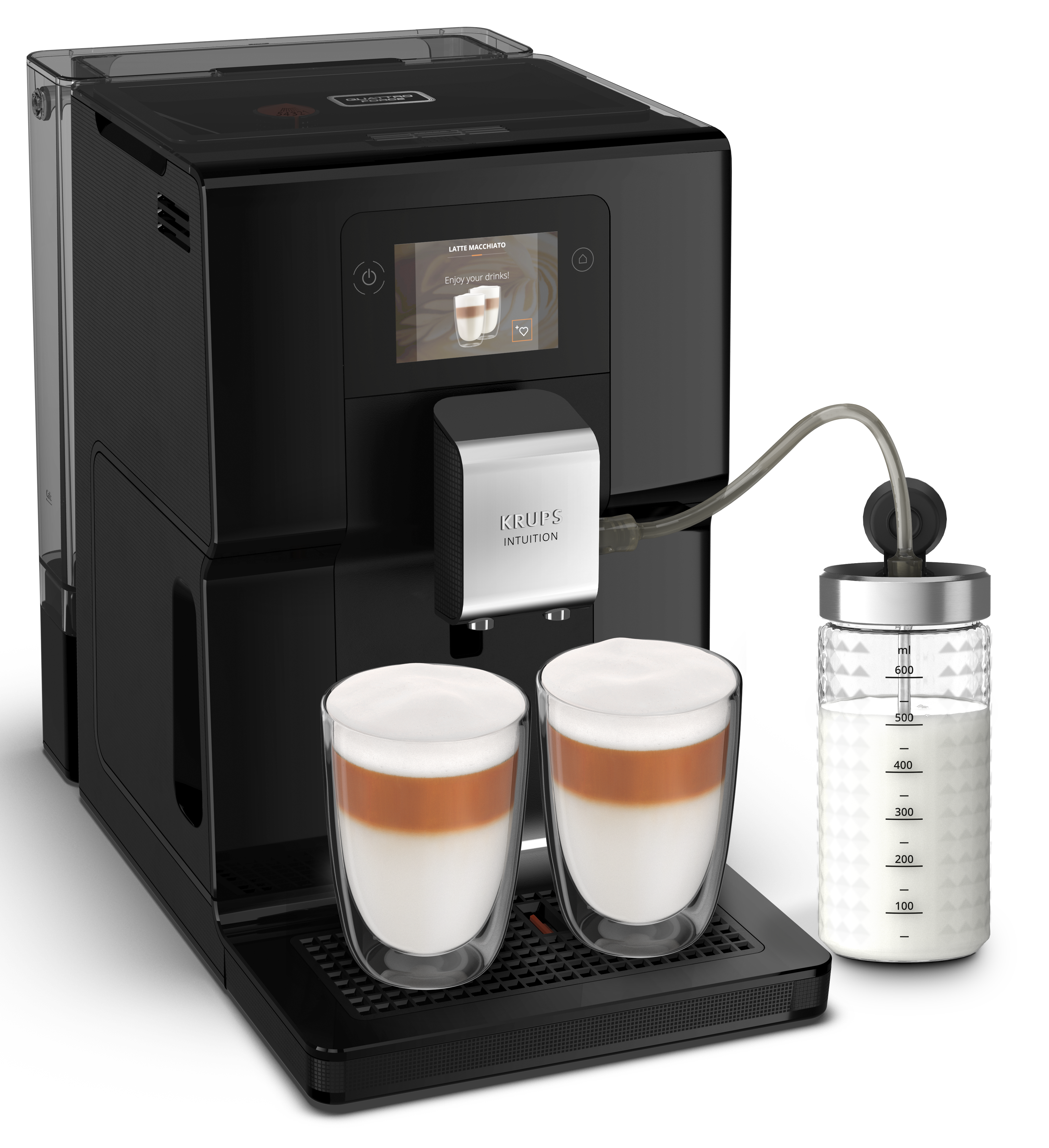 Czarny ekspres do kawy z dwoma szklankami latte macchiato i pojemnikiem na mleko.