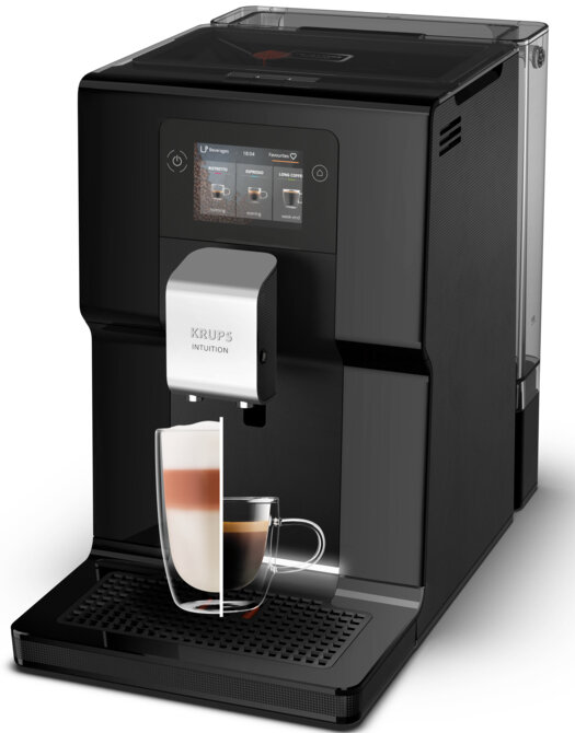 Czarny ekspres do kawy KRUPS Intuition z podwójnym widokiem przygotowywania kawy, pokazujący latte i espresso.