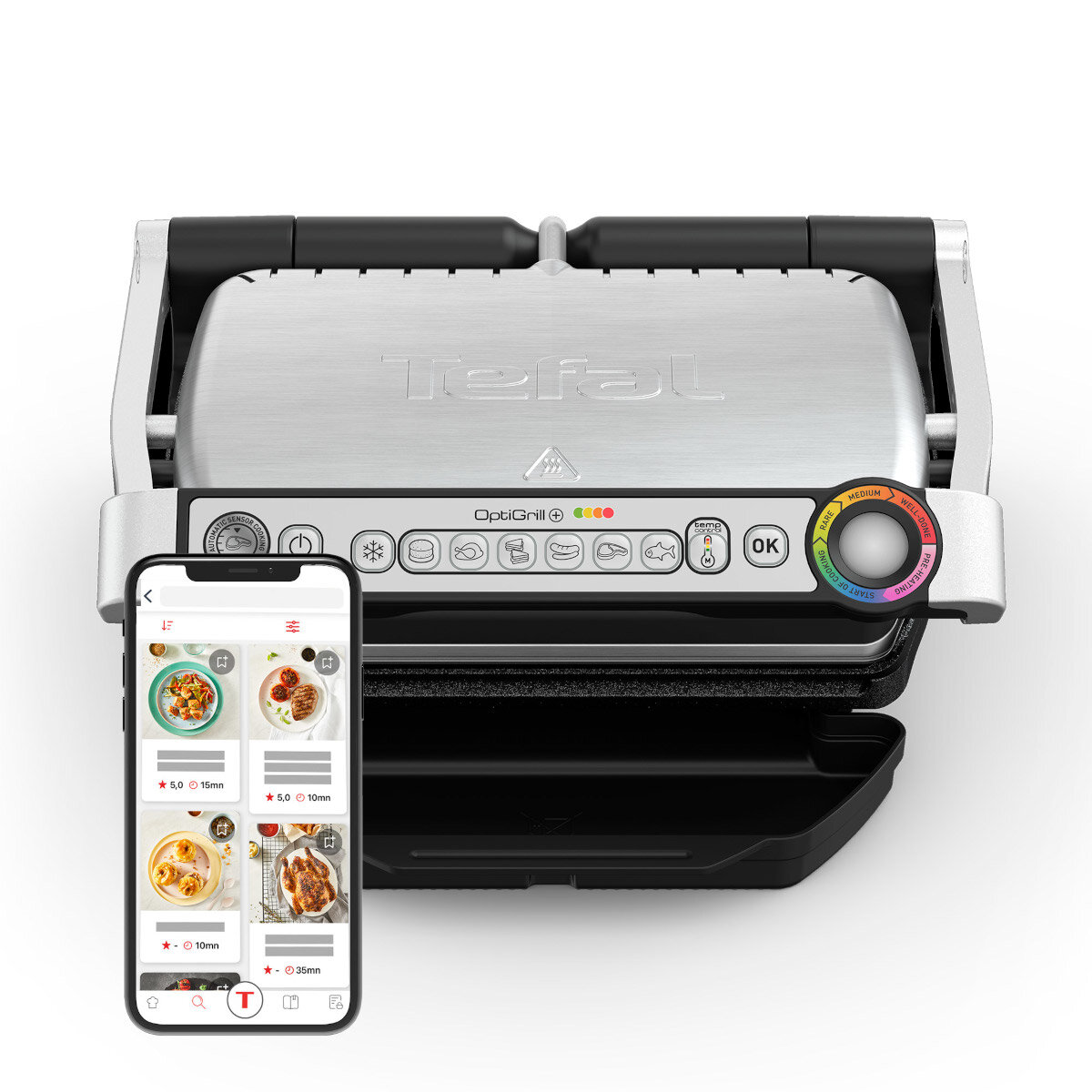 Tefal OptiGrill, srebrny i czarny, z telefonem pokazującym przepisy. Grill jest zamknięty.