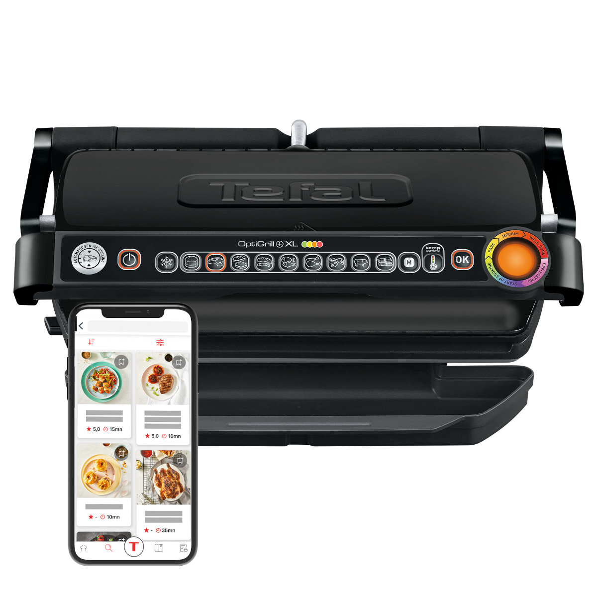 Czarny grill z panelem sterowania i telefonem z przepisami. Białe tło.