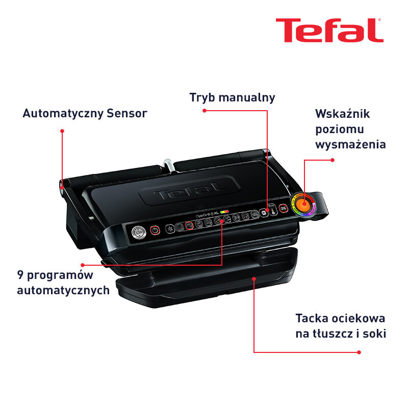 Czarny grill Tefal, widok z góry, z oznaczonymi sekcjami: czujnik automatyczny, tryb ręczny, i więcej.