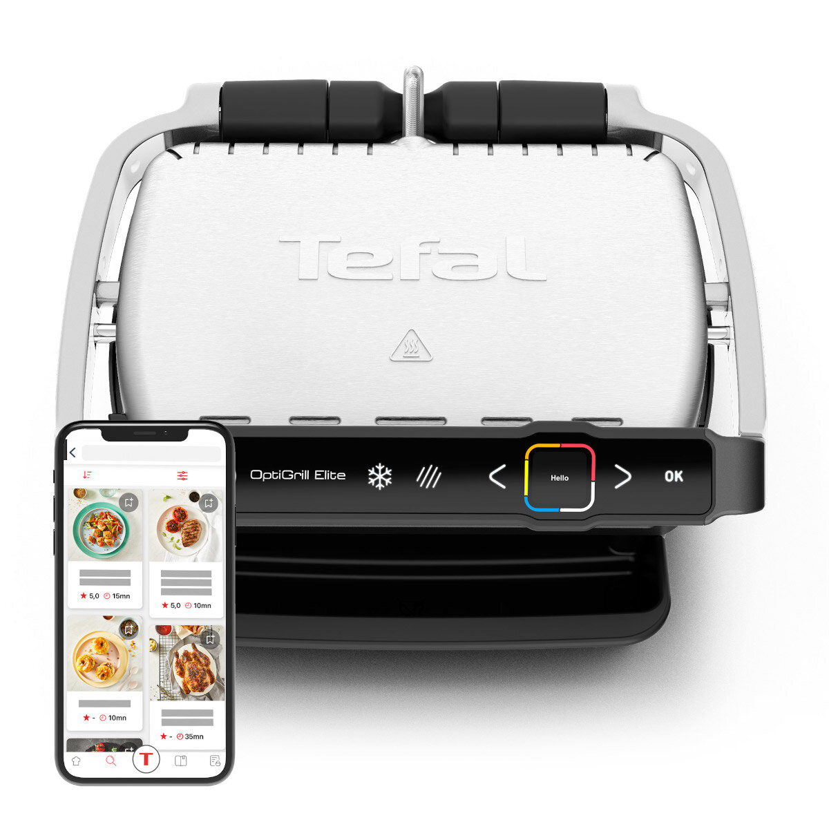 Tefal OptiGrill ze smartfonem z przepisami. Grill jest czarny i srebrny.
