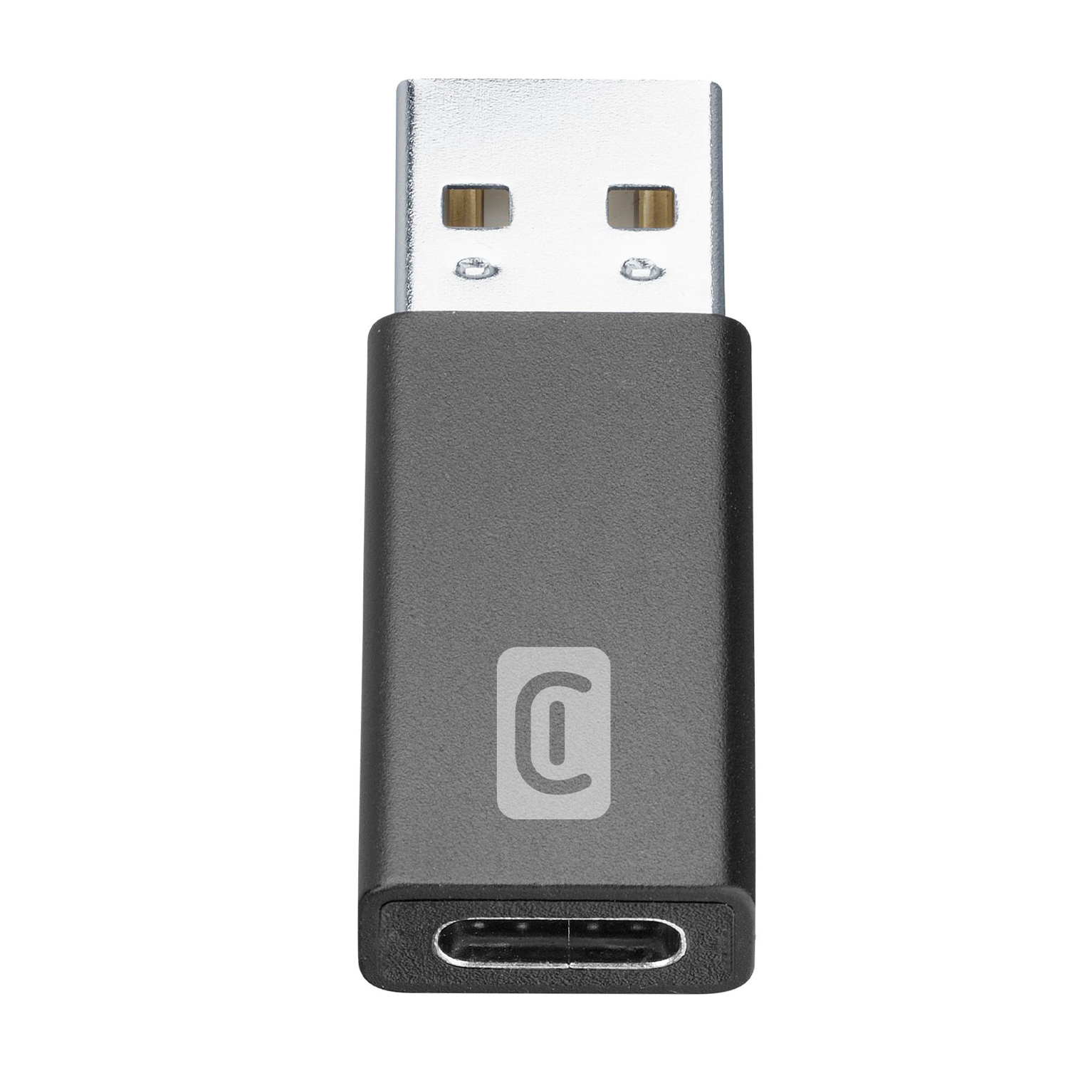 Adattatore USB-C nero. Estremità USB argento. L'estremità C è nera.