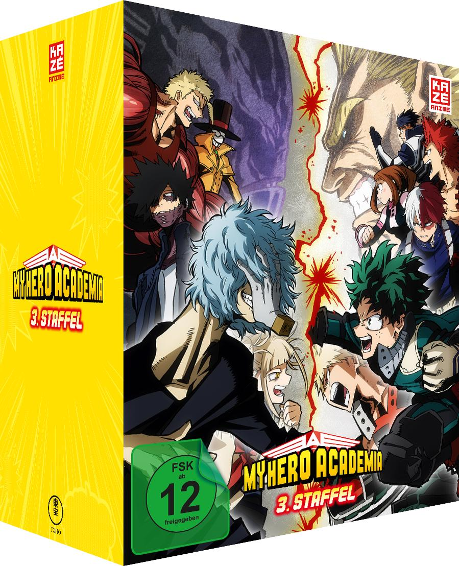 Eine Box-Set von 'My Hero Academia' Staffel 3 mit Charakterillustrationen.