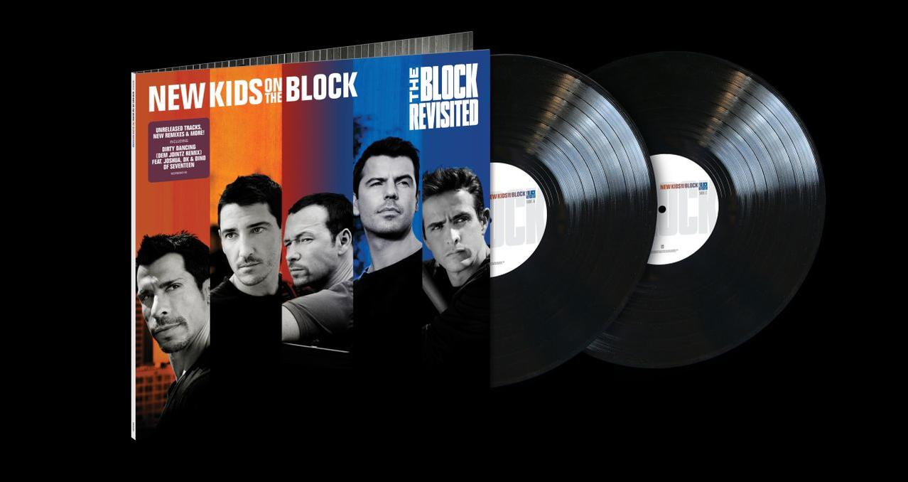Albumcover mit New Kids on the Block und zwei schwarzen Schallplatten.