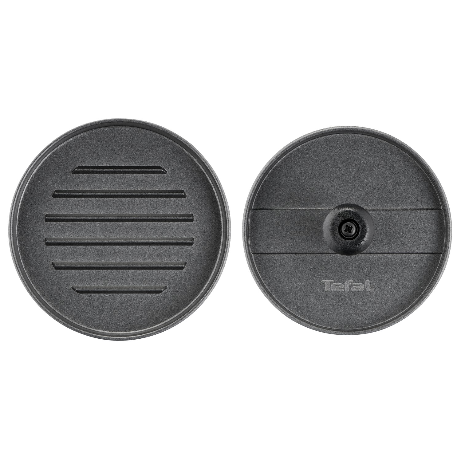 Two black, round griddle plates. One has grill marks, the other has a handle, and the logo.