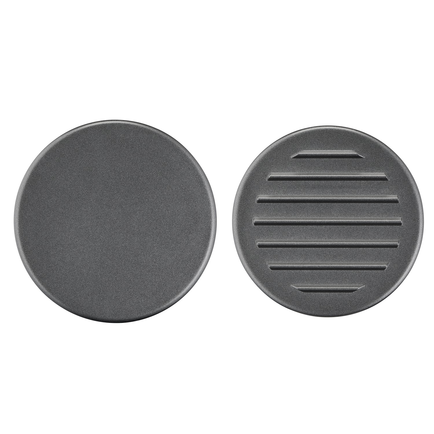 Two gray, circular objects. One is solid, the other has horizontal lines.