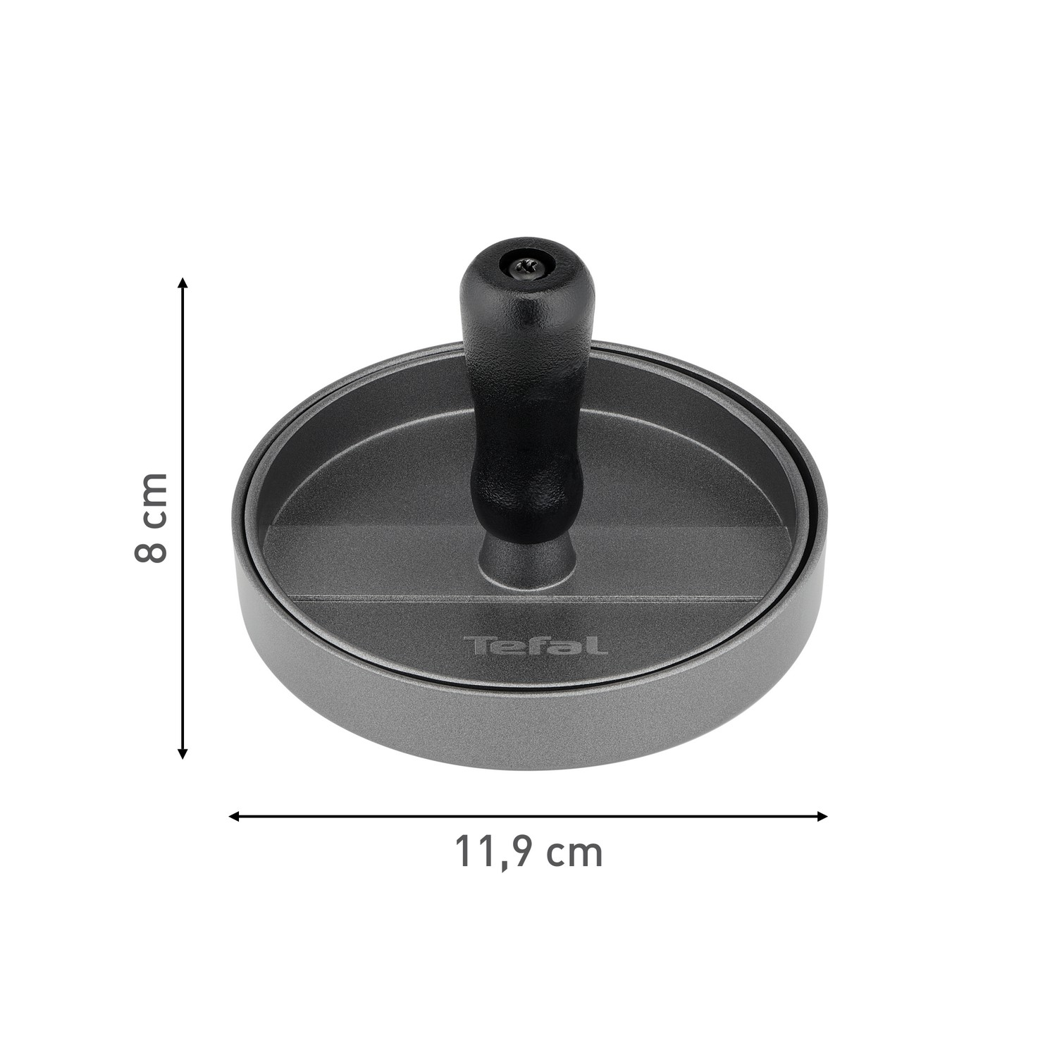 Gray Tefal burger press with black handle, circular, with 8cm height and 11.9cm diameter.