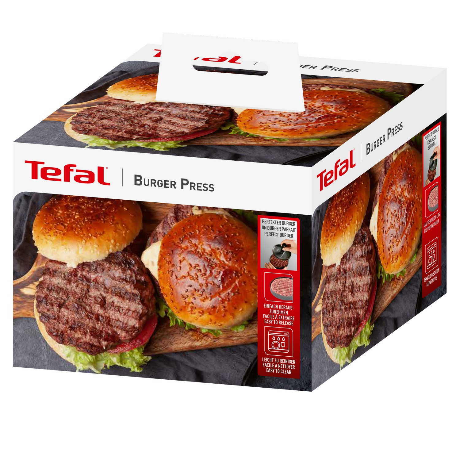 Burger press box with burgers, buns, and text about perfect burgers and easy cleaning.