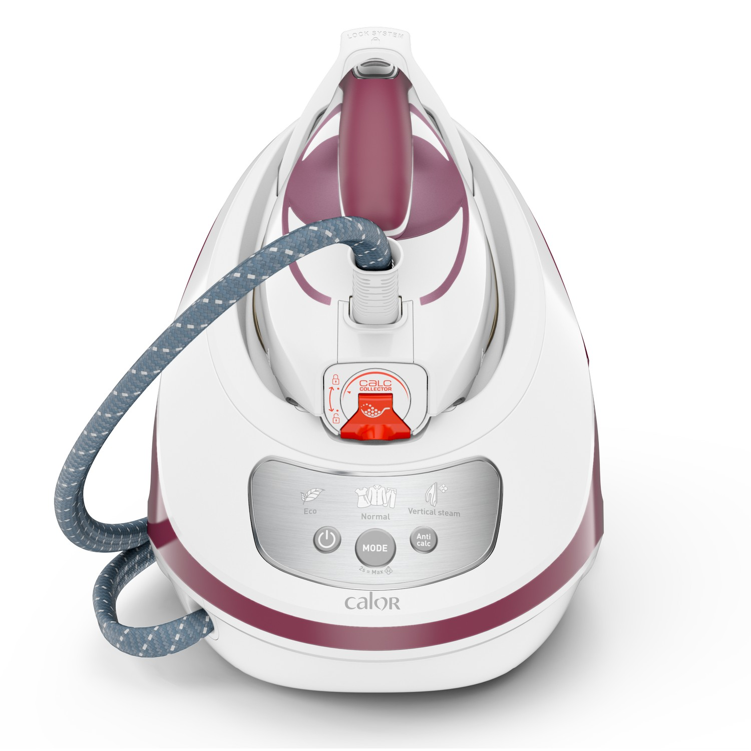 A white and burgundy iron. A blue cord is connected. Buttons are visible.