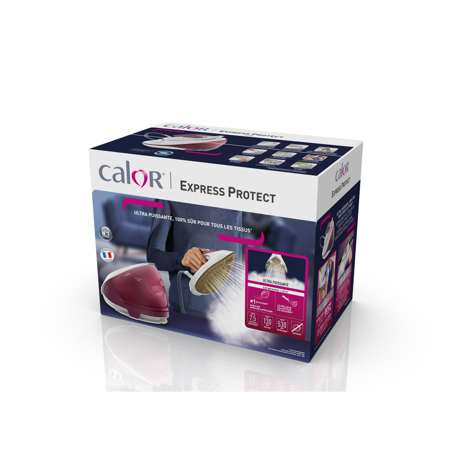 Calor Express Protect iron box. It is red and white. It is on a white background.