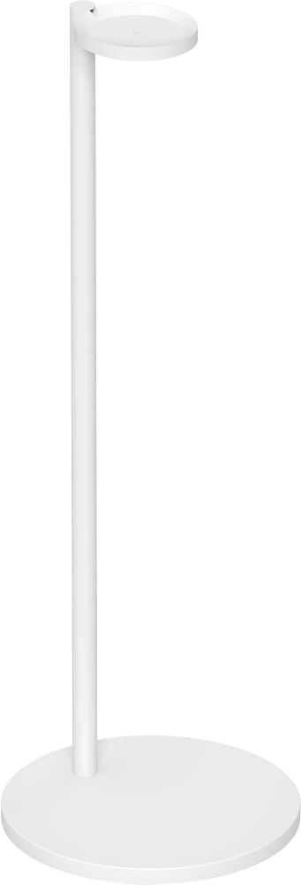 Witte hoofdtelefoonstandaard op een witte basis. Het heeft een lange, dunne paal met een cirkelvormige bovenkant voor de hoofdtelefoon.
