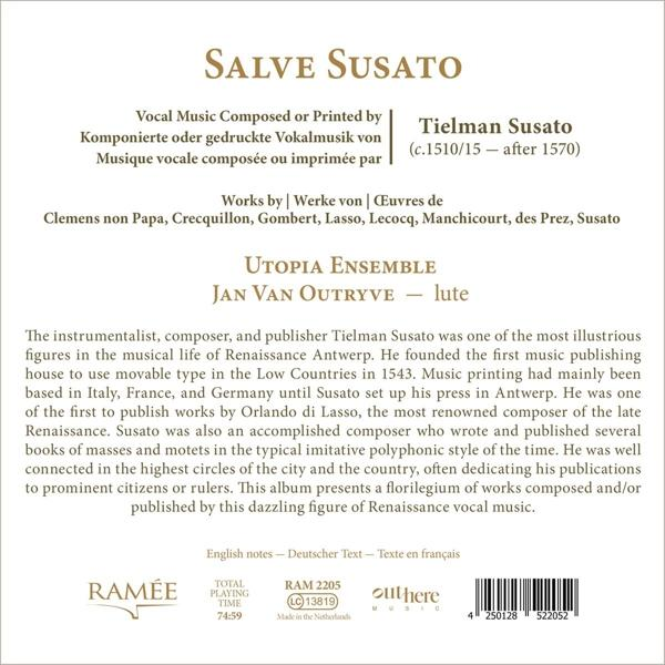 Text auf Papier, betitelt 'Salve Susato' mit Noten und Text in verschiedenen Sprachen.