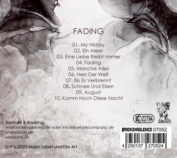 Die Rückseite einer CD mit Songtiteln und Kontaktinformationen, mit einem verblassten Aquarellhintergrund.