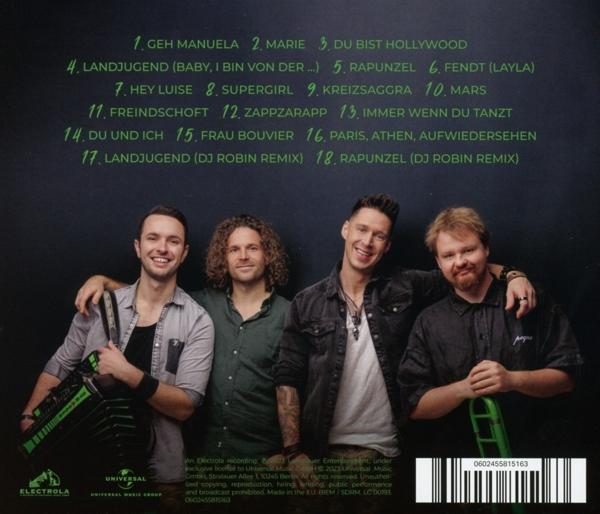 Rückseite eines CD-Covers. Bandmitglieder posieren, Songtitel in Grün.