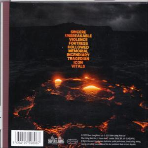 CD-Cover mit Lava-Bild und Text: sincere, unbreakable, violence, fortress, hollowed, memorial usw.