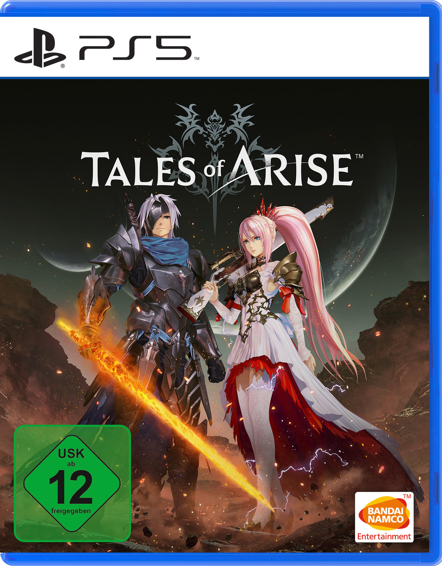 Spielbox mit zwei Charakteren, einer mit Schwert, auf Hintergrund und PS5-Logo.
