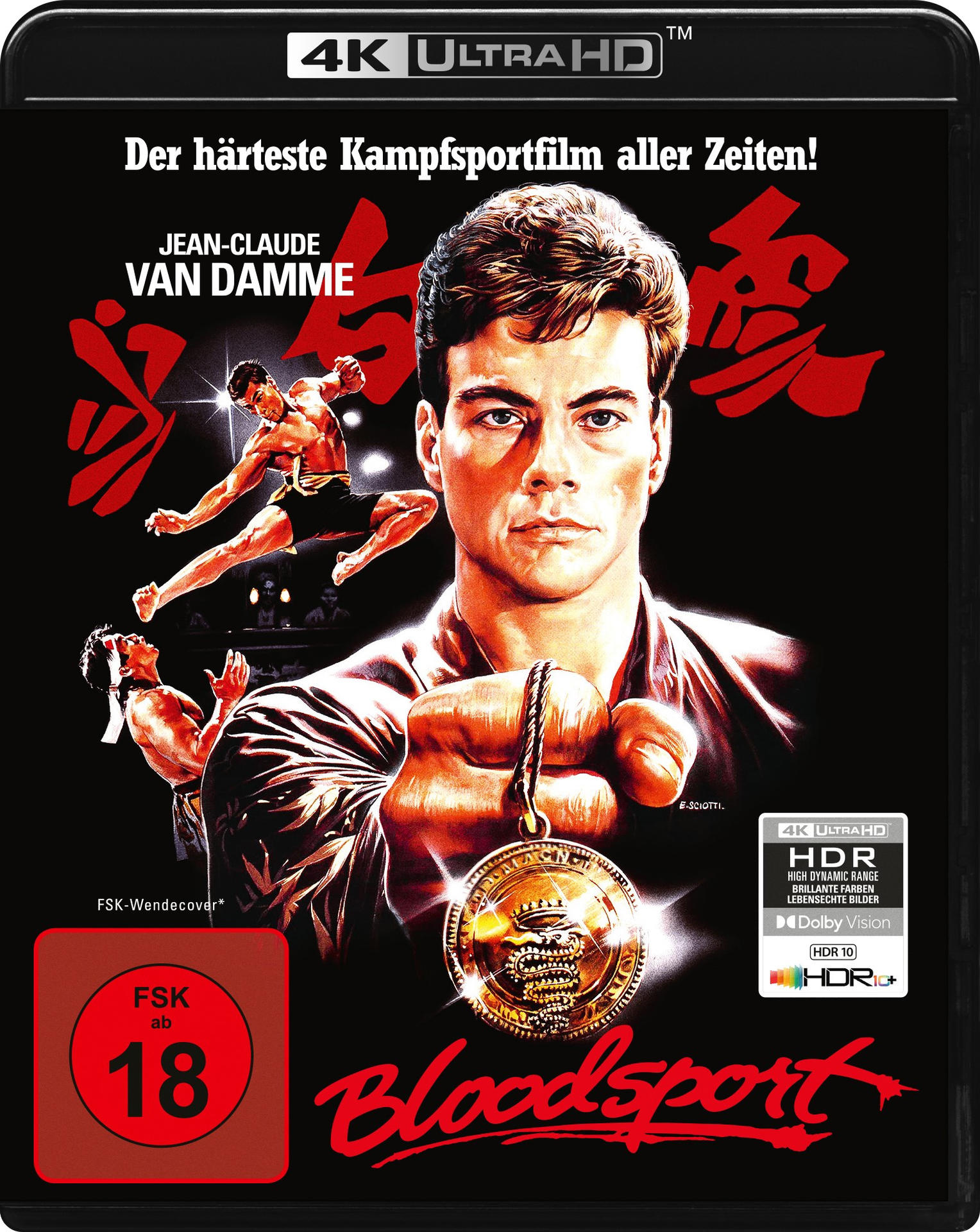 Bloodsport Blu-ray-Cover mit Jean-Claude Van Damme. Zeigt eine Kampfszene und eine Medaille.