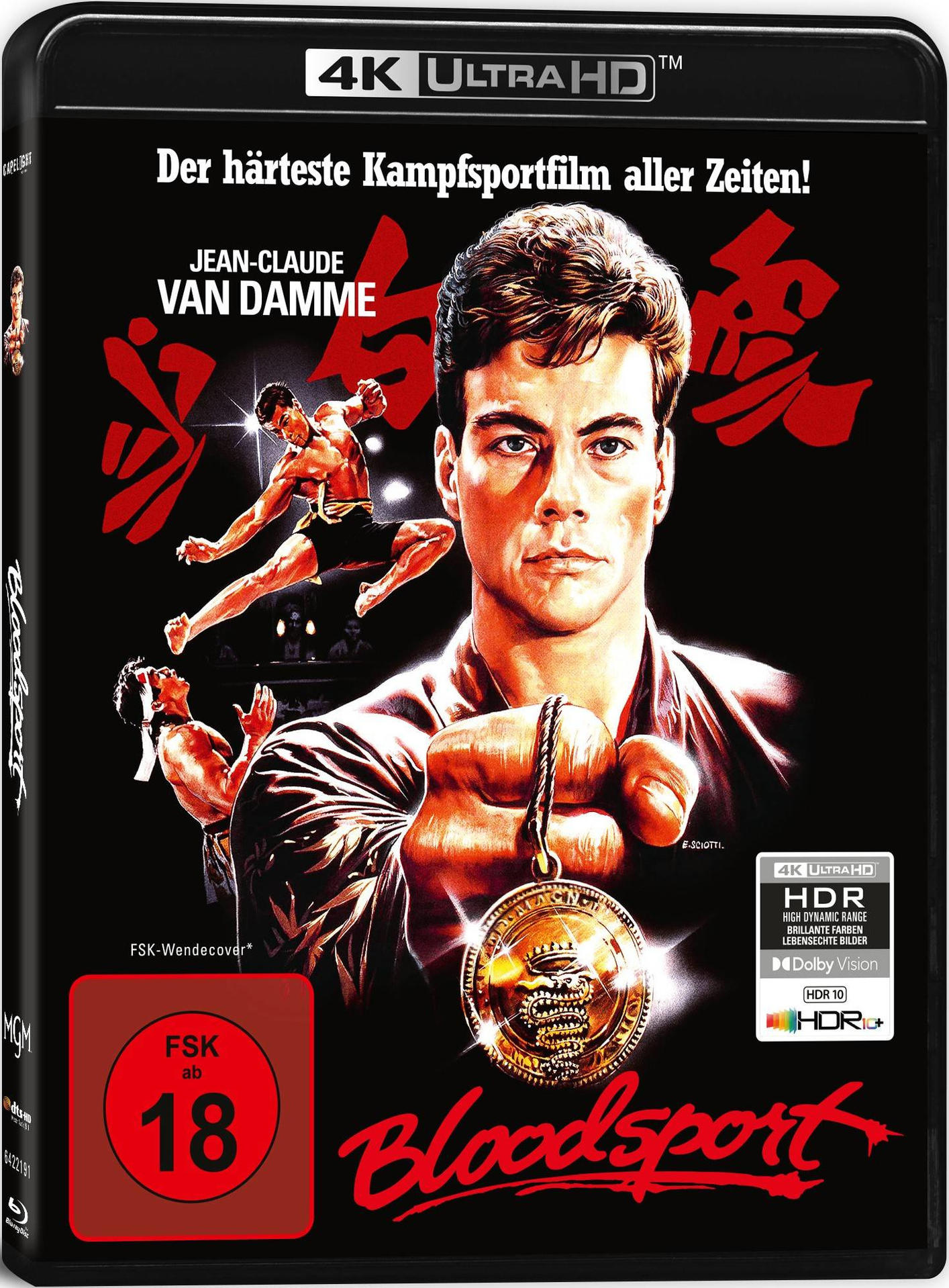 Bloodsport Filmcover. Jean-Claude Van Damme ist im Mittelpunkt. Das Cover ist schwarz.