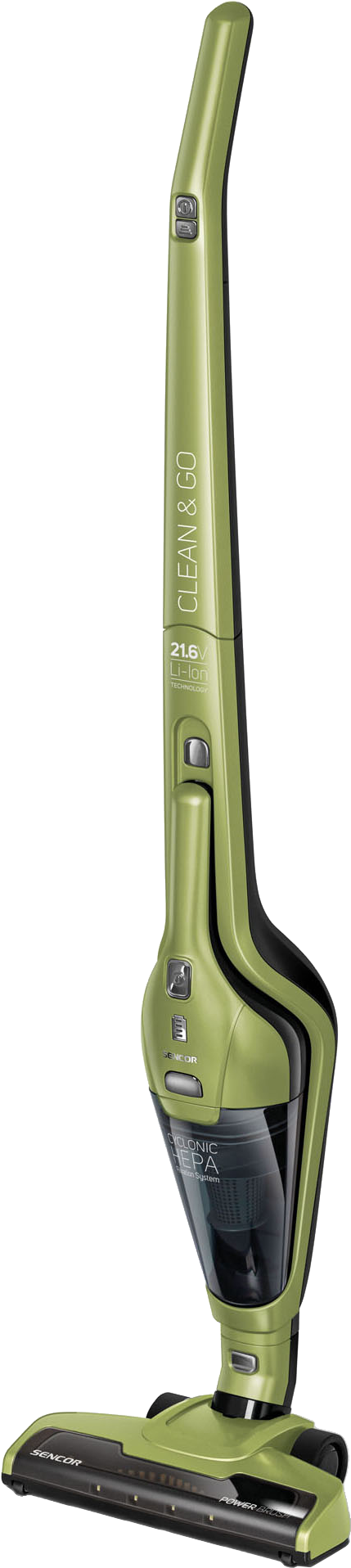 Zöld és fekete kézi porszívó. Clean & Go szöveg, EPA szűrő és fekete háttér.
