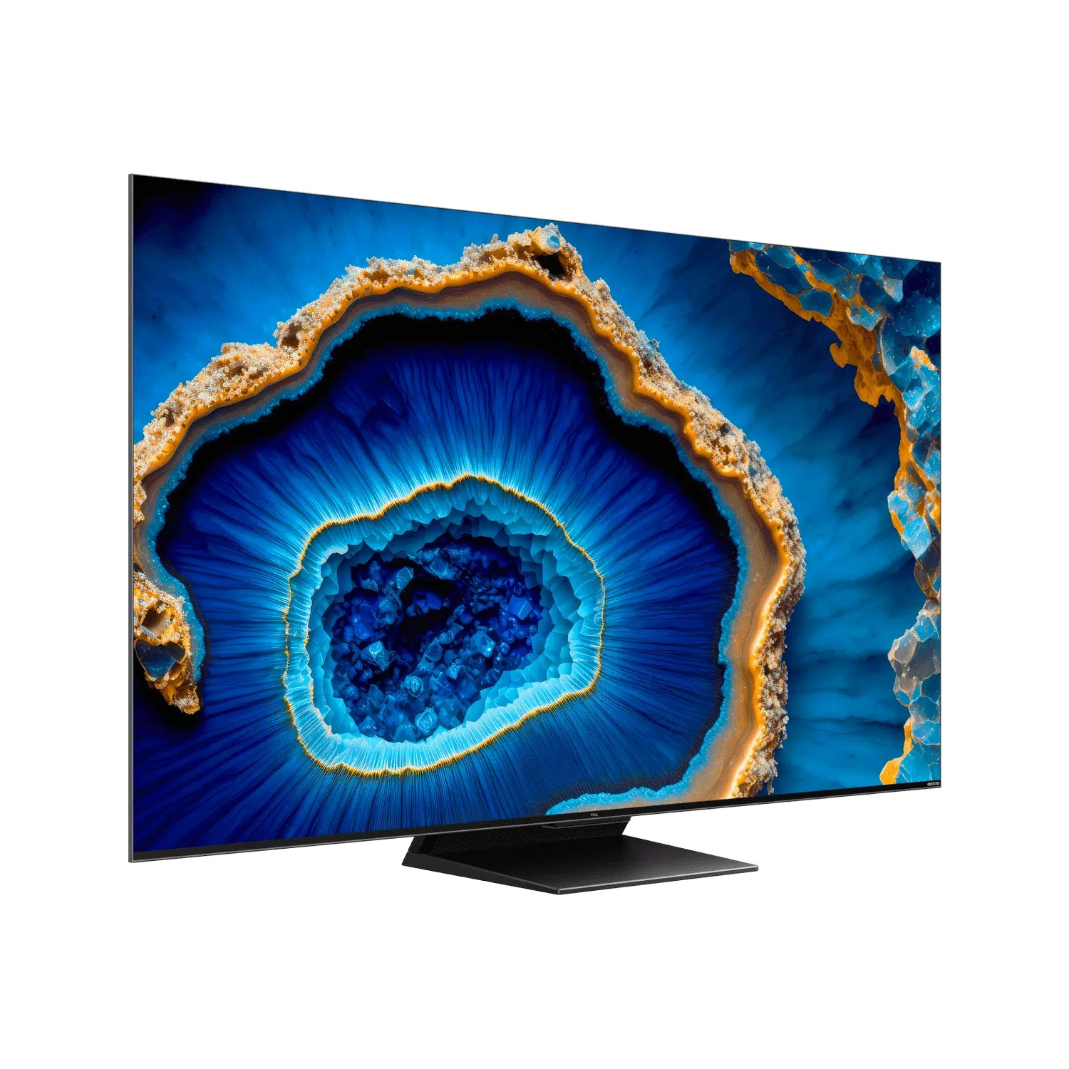 Téléviseur avec écran à motif agate bleu et or, support noir.