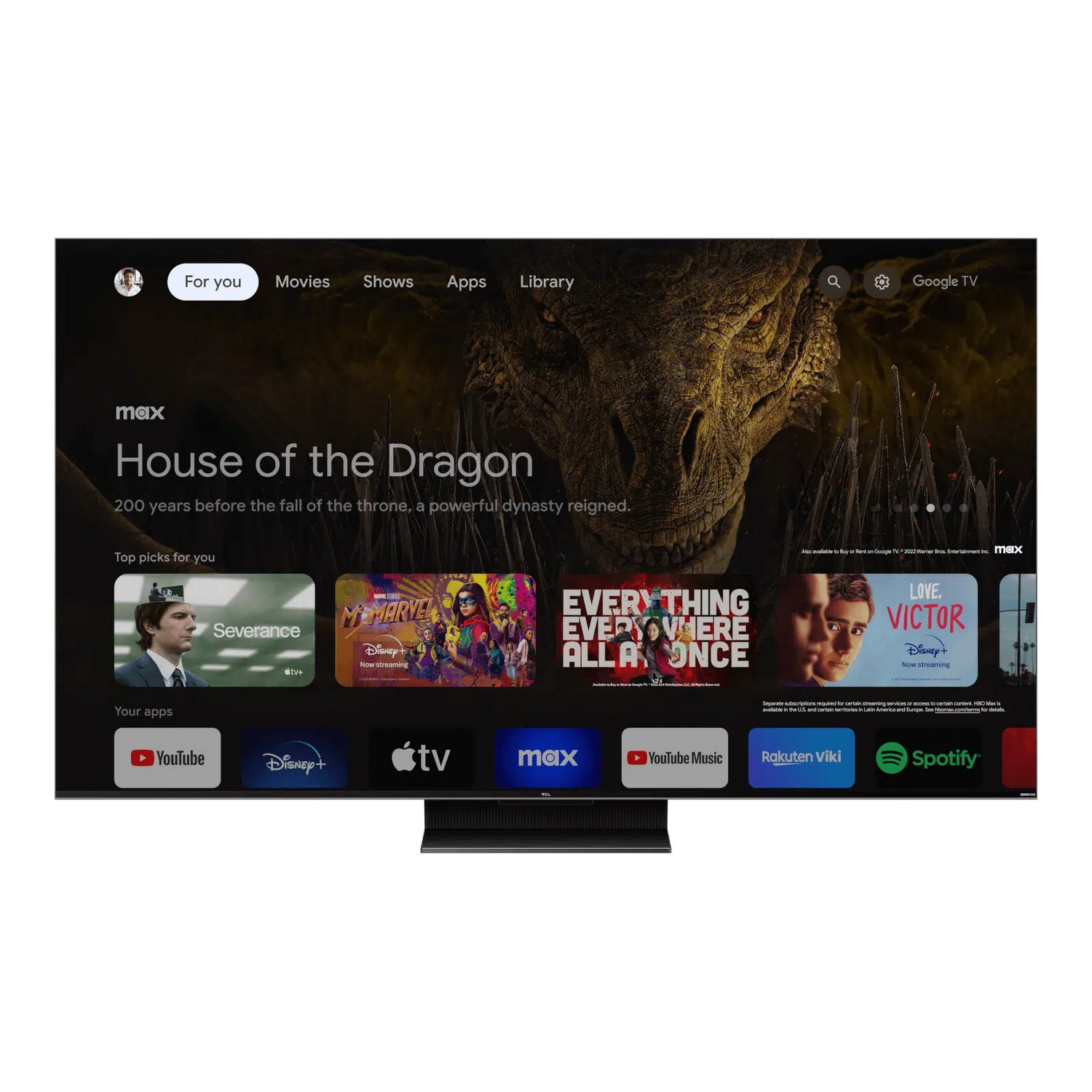 TV avec interface Google TV. Affiche House of the Dragon. Cadre noir.