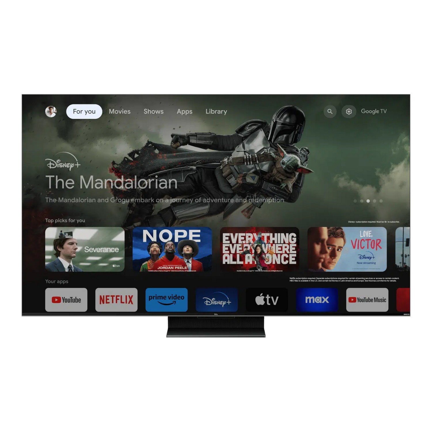 Un grand écran de télévision affiche The Mandalorian, avec d'autres vignettes en dessous.