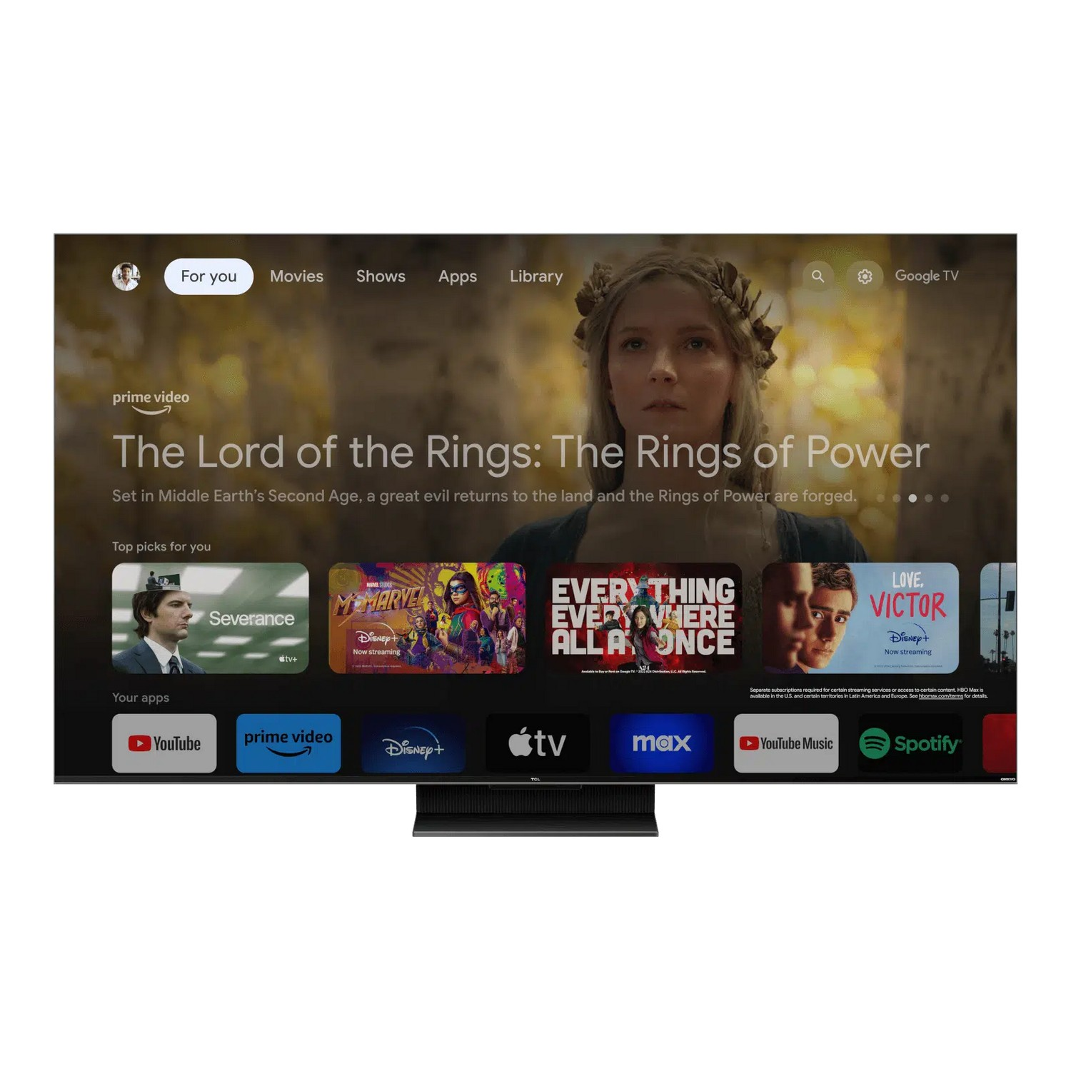 Grand écran de télévision affichant des films et des applications.