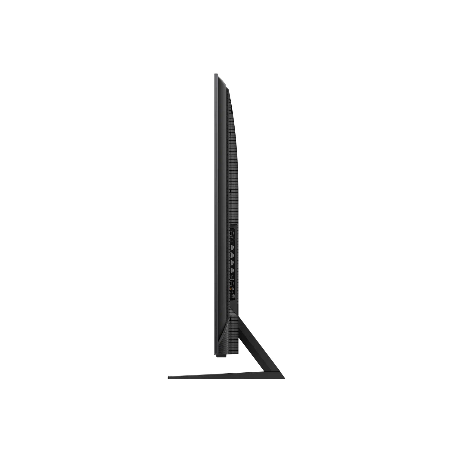 Vue latérale d'un moniteur noir avec une fine lunette et un support, sur fond blanc.