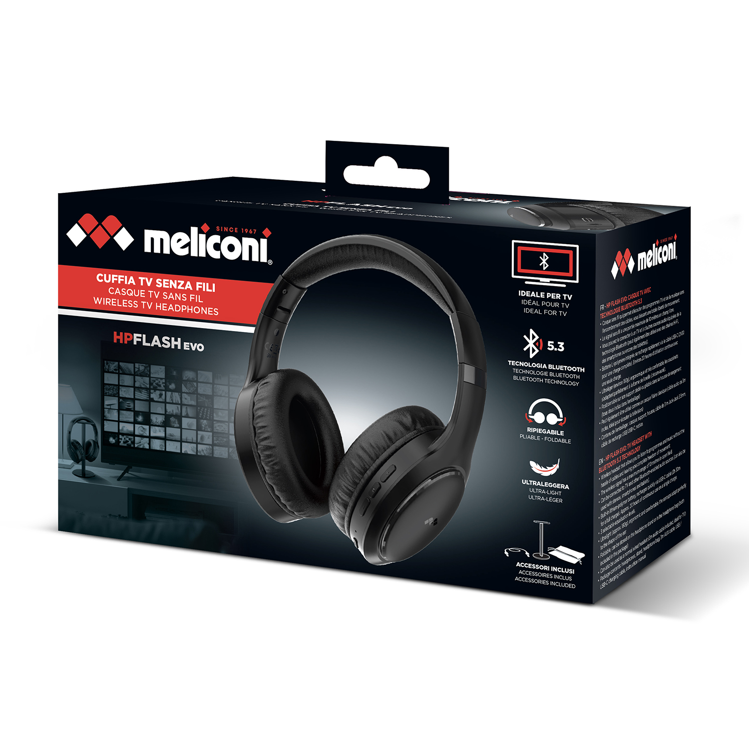 Una scatola di cuffie wireless nere. La scatola ha testo e icone sopra. Lo sfondo è bianco.