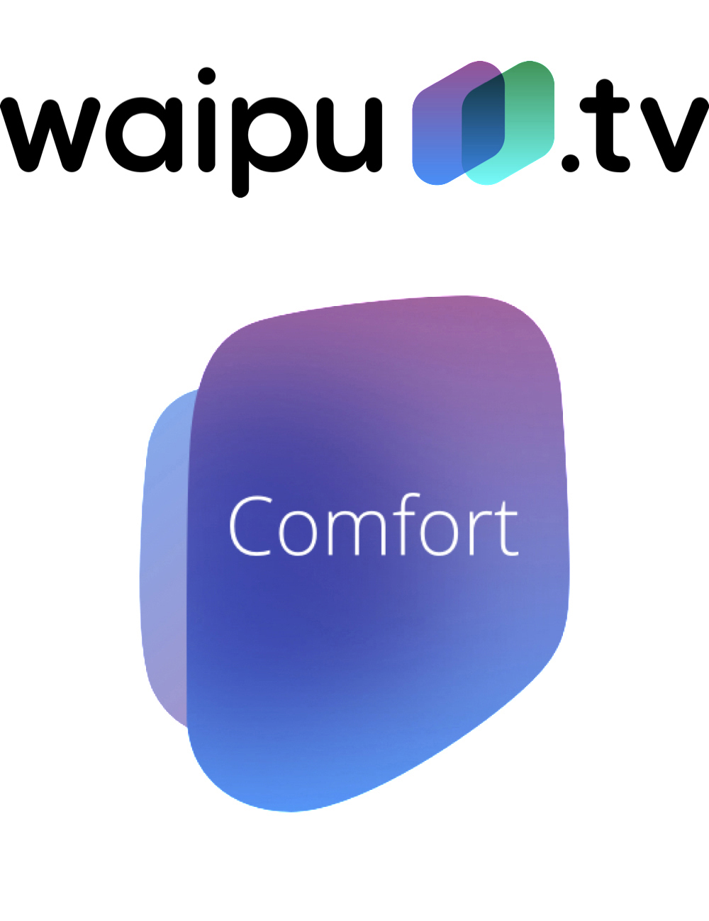 Waipu.tv Logo mit einer blauen und violetten Form, Text 'Comfort' in Weiß.