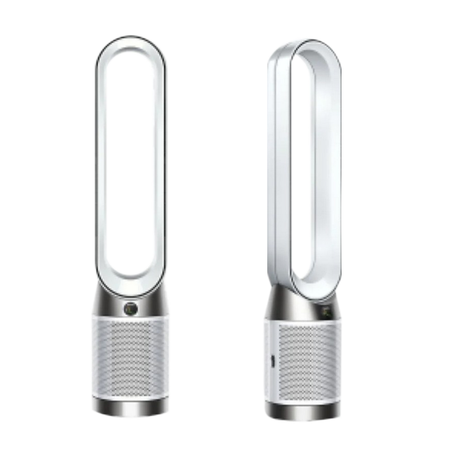 Deux purificateurs d'air Dyson, côte à côte. Palette de couleurs blanche et argentée, design élégant.