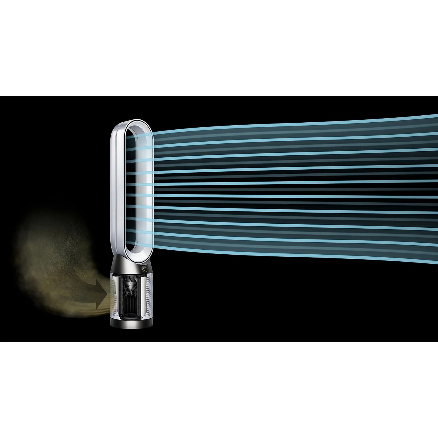 Un ventilateur Dyson est montré avec des traits de lumière bleue qui en sortent, indiquant le flux d'air.