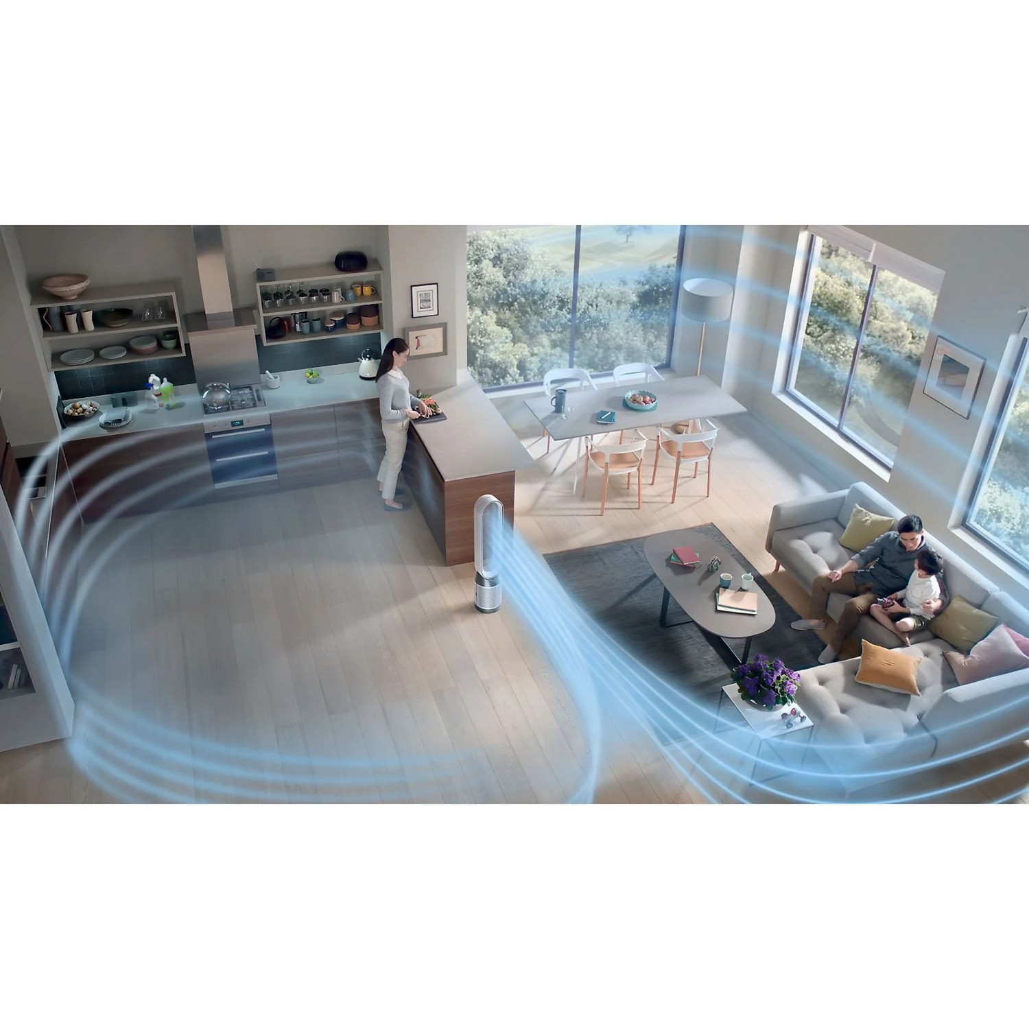 Une maison moderne avec un ventilateur au milieu et des personnes dans la cuisine et le salon.