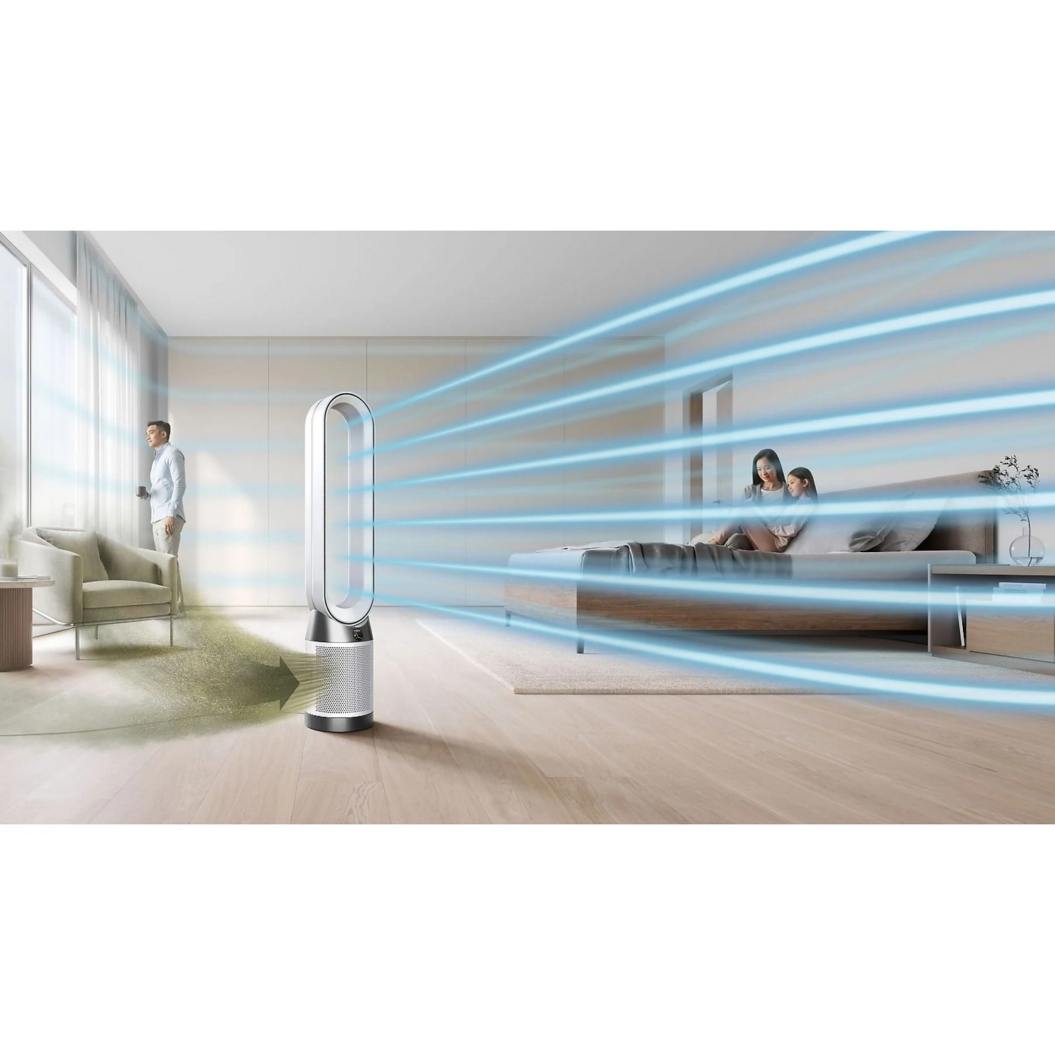 Purificateur d'air Dyson dans un salon moderne. Flux d'air bleu soufflant vers la caméra.