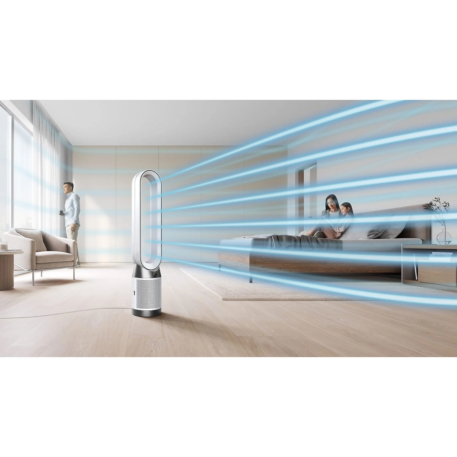 Un purificateur d'air avec des flux d'air bleus dans une chambre avec un homme et une femme.