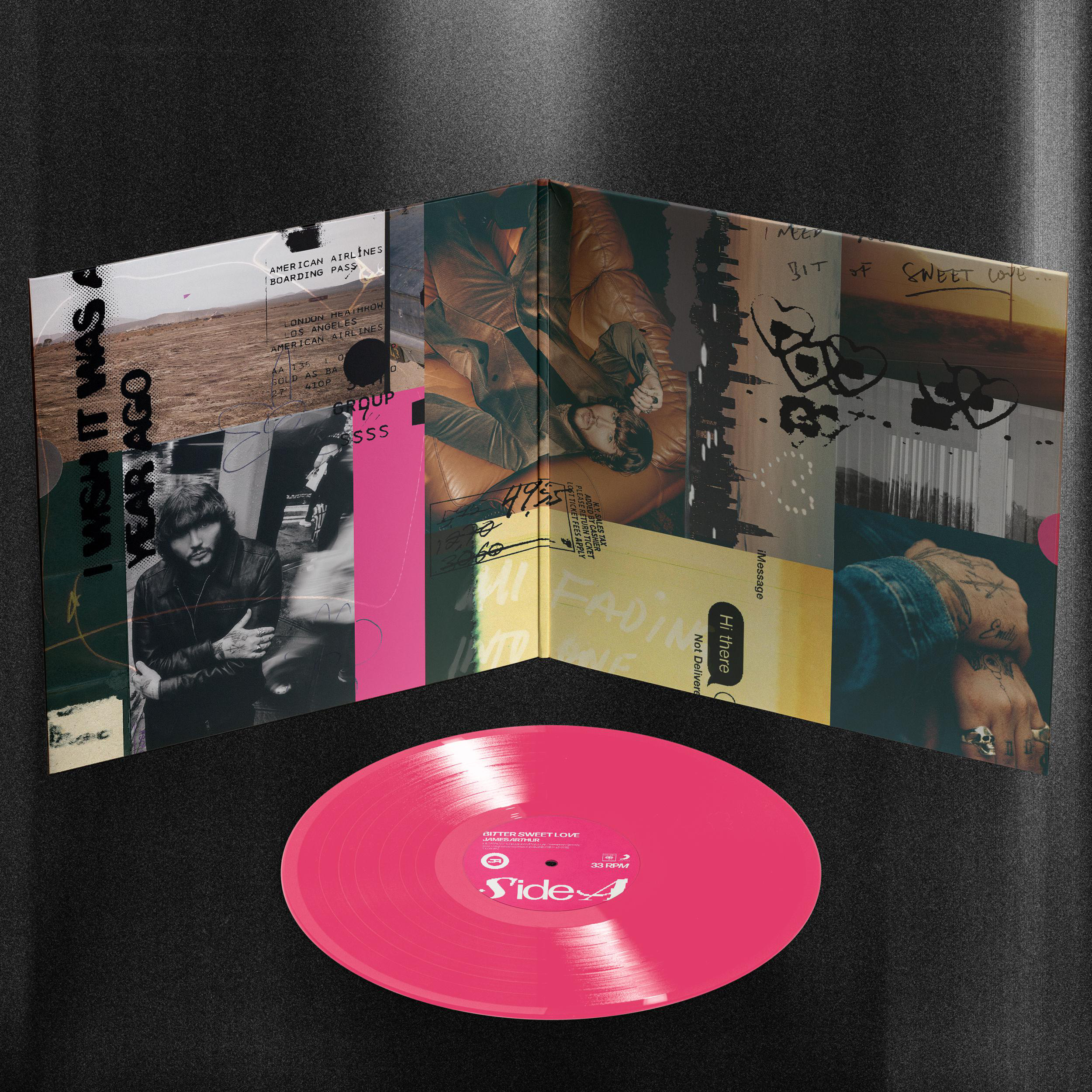 Albumcover mit einer pinkfarbenen Schallplatte davor, offenes Layout.