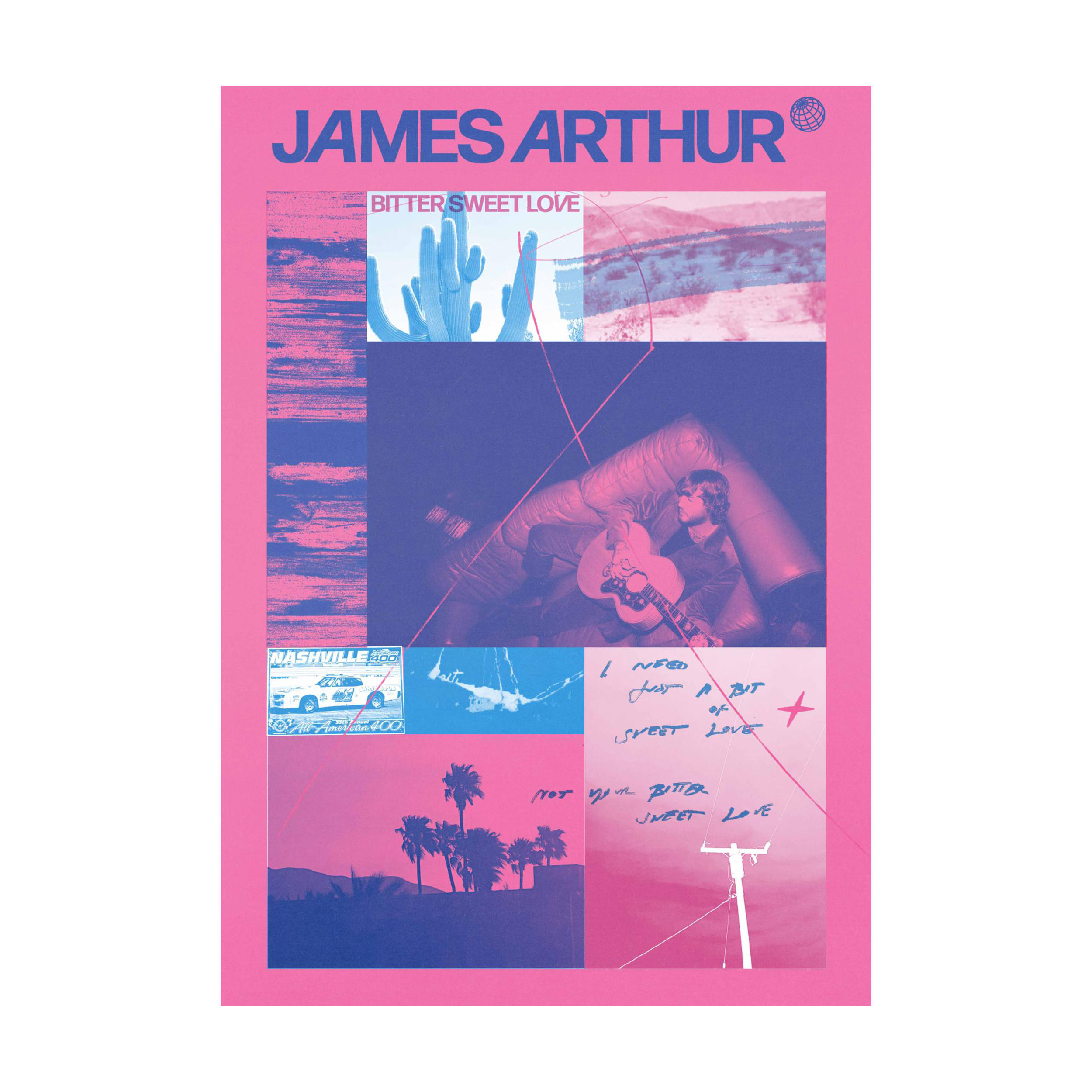James Arthur Albumcover. Rosa Hintergrund, Foto des Sängers, Titel und Songtexte. Verschiedene Bilder.