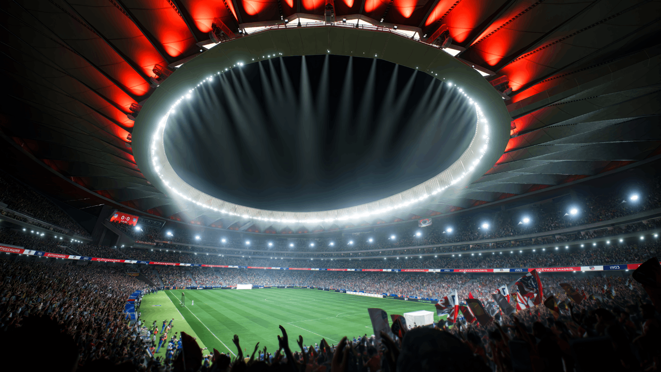 Un estadio con luz brillante y circular. La multitud es visible.
