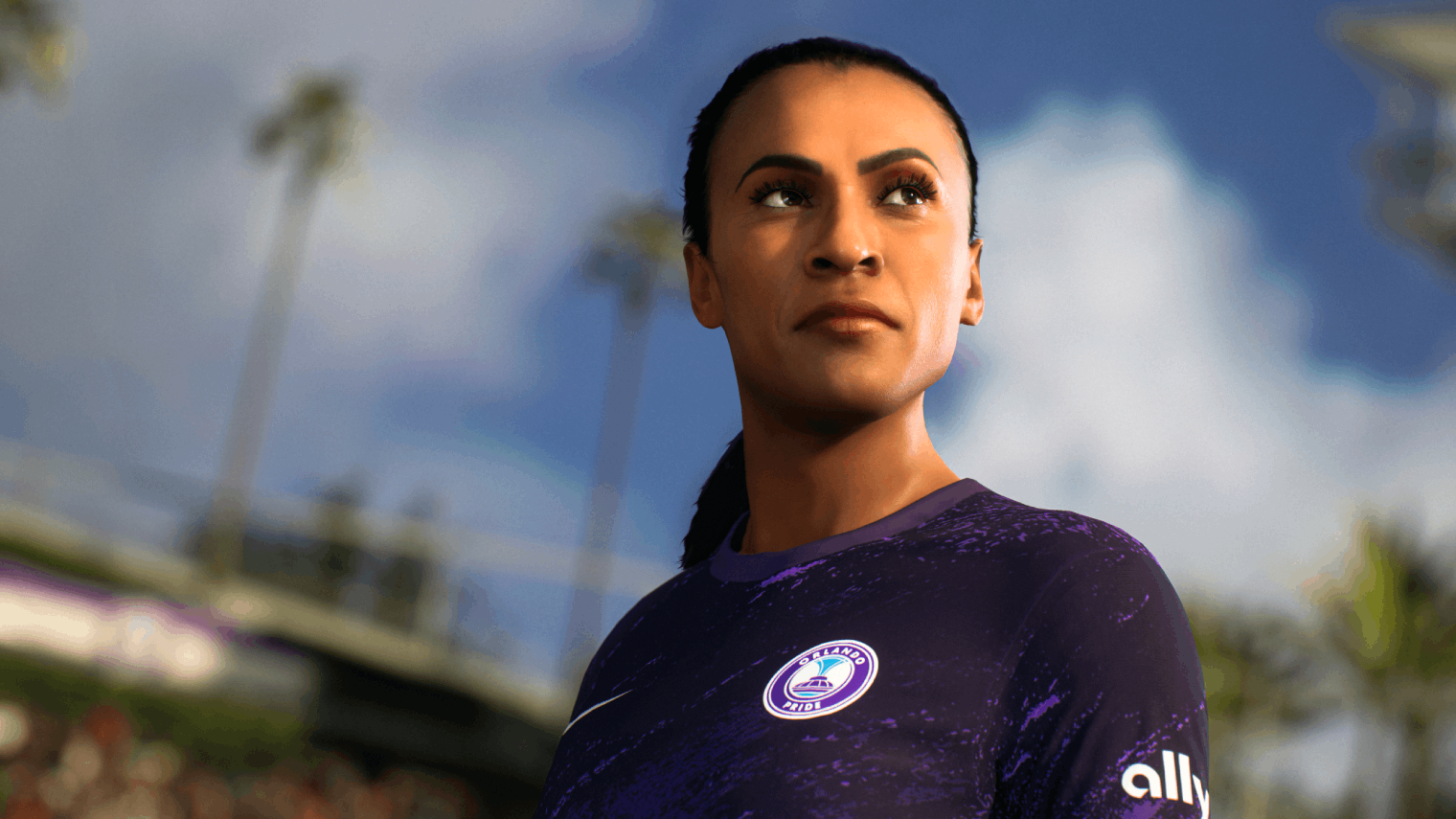 Una mujer con uniforme de fútbol morado mira hacia arriba.